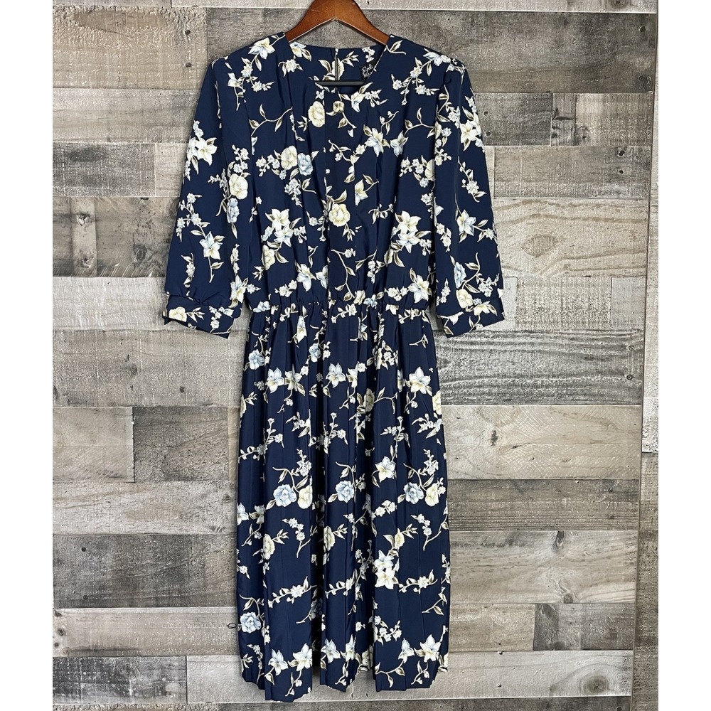 Vintage 80's‎ Breli Originals Navy Blue Floral Cottagecore Dress Modest Size 12